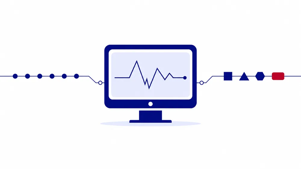 Uniform site alarms flowing into a monitor and out as varied device types, representing one alarm master consolidating mixed equipment