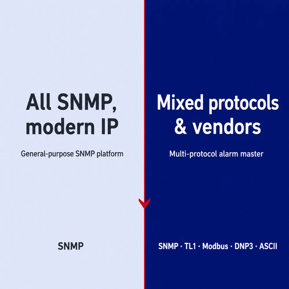 Comparison of an all SNMP network against a mixed protocol network using SNMP, TL1, Modbus, DNP3 and ASCII