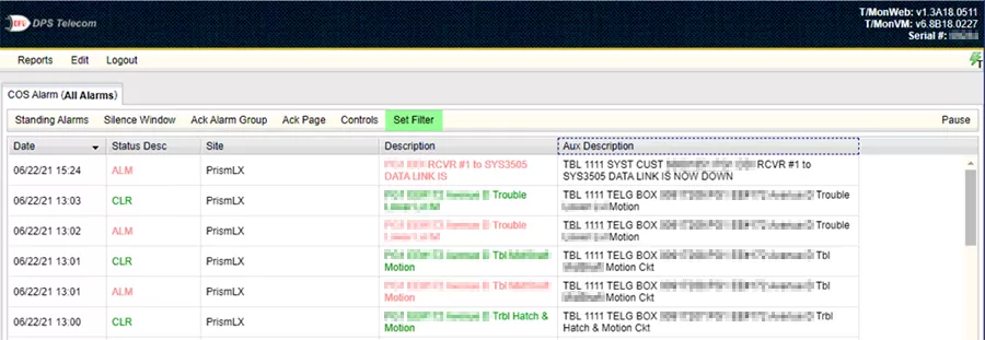 T/Mon display of security alarm (door) data from Digitize Prism LX