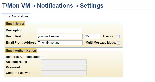 Email server settings on T/Mon