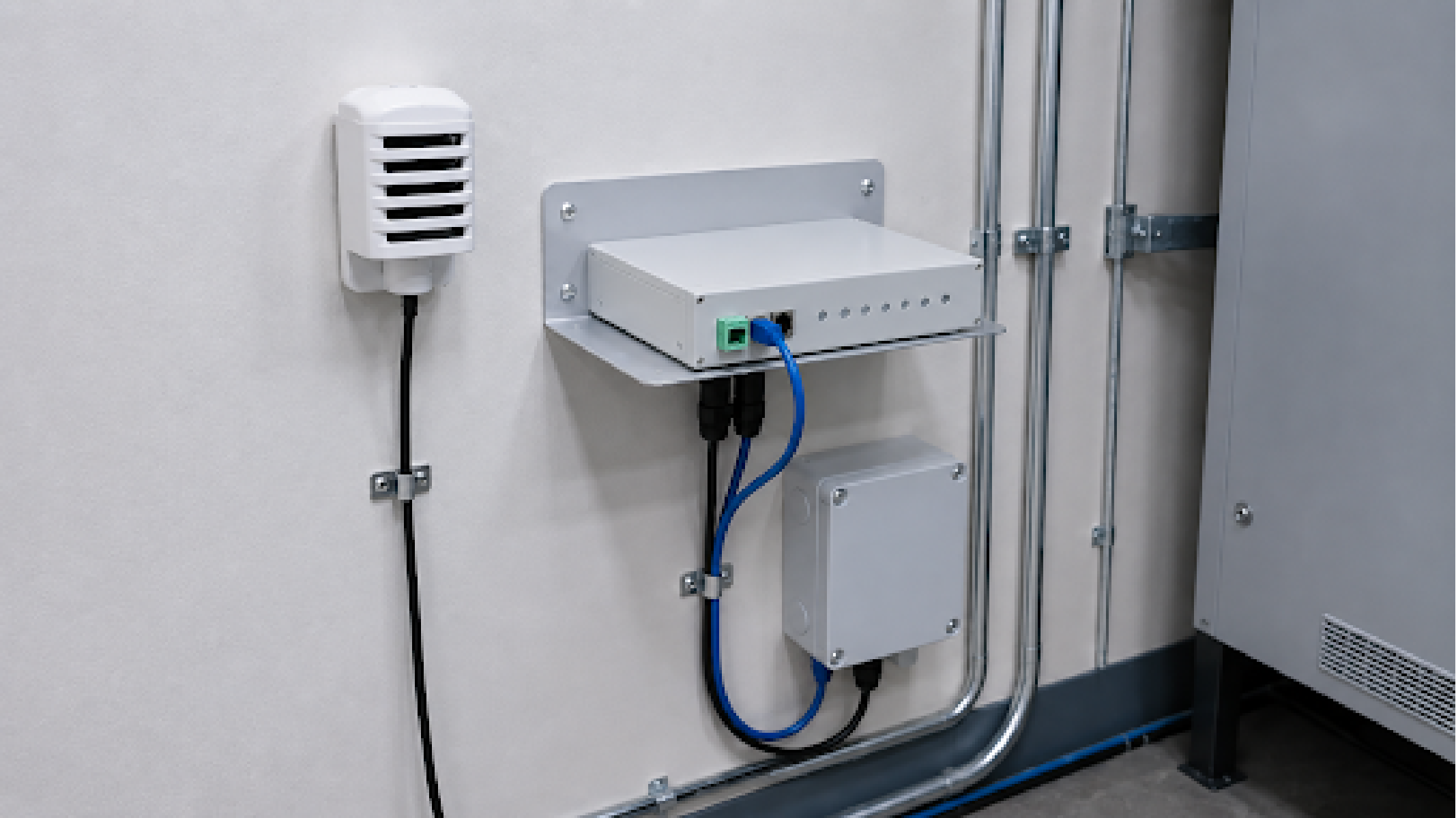 HERO IMAGE: NetGuardian RTU deployed in equipment shelter with temperature and airflow sensors connected