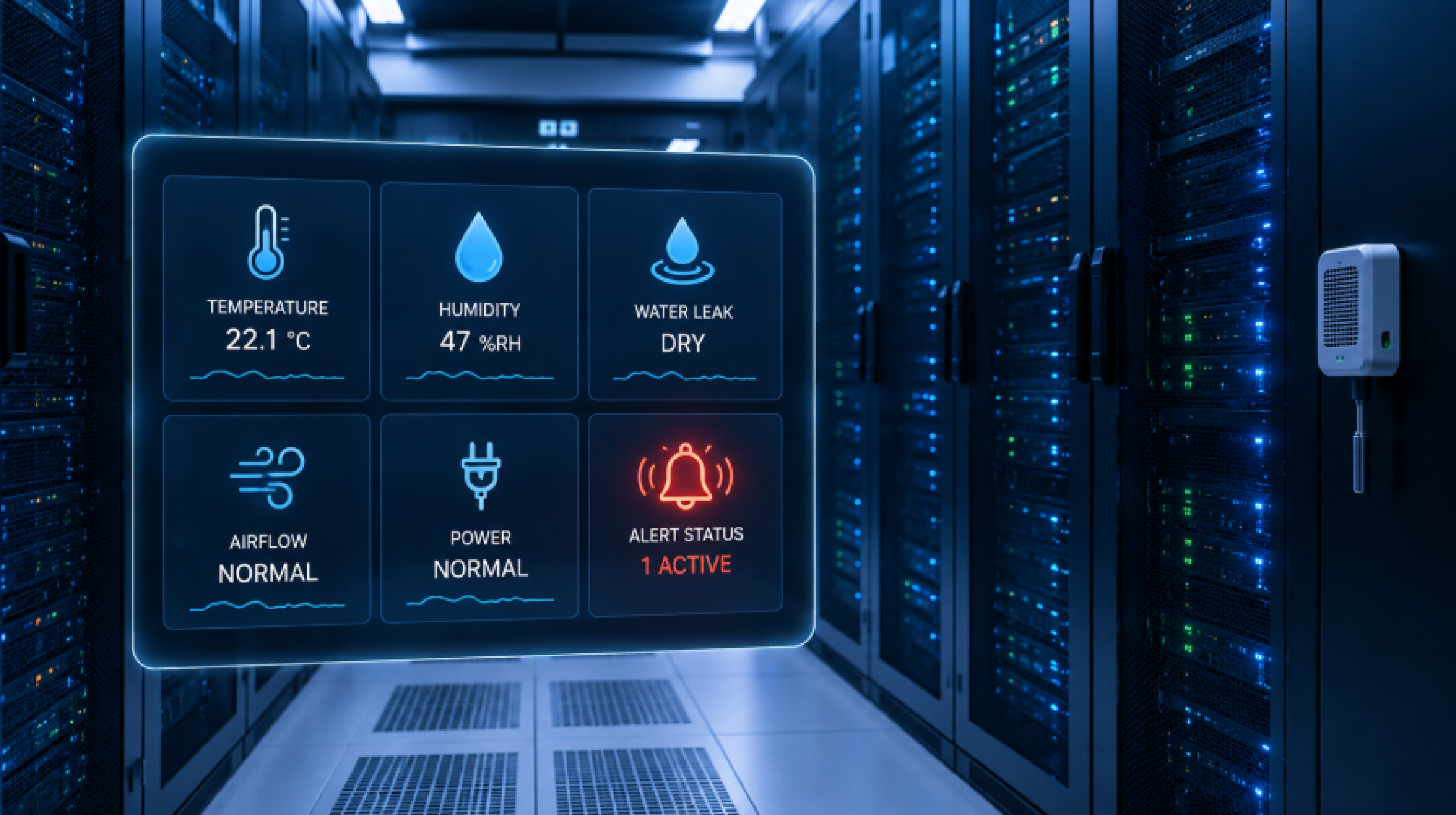 Holographic environmental monitoring dashboard showing temperature, humidity, airflow, power, water leak, and alert status in a blue-lit data center aisle.
