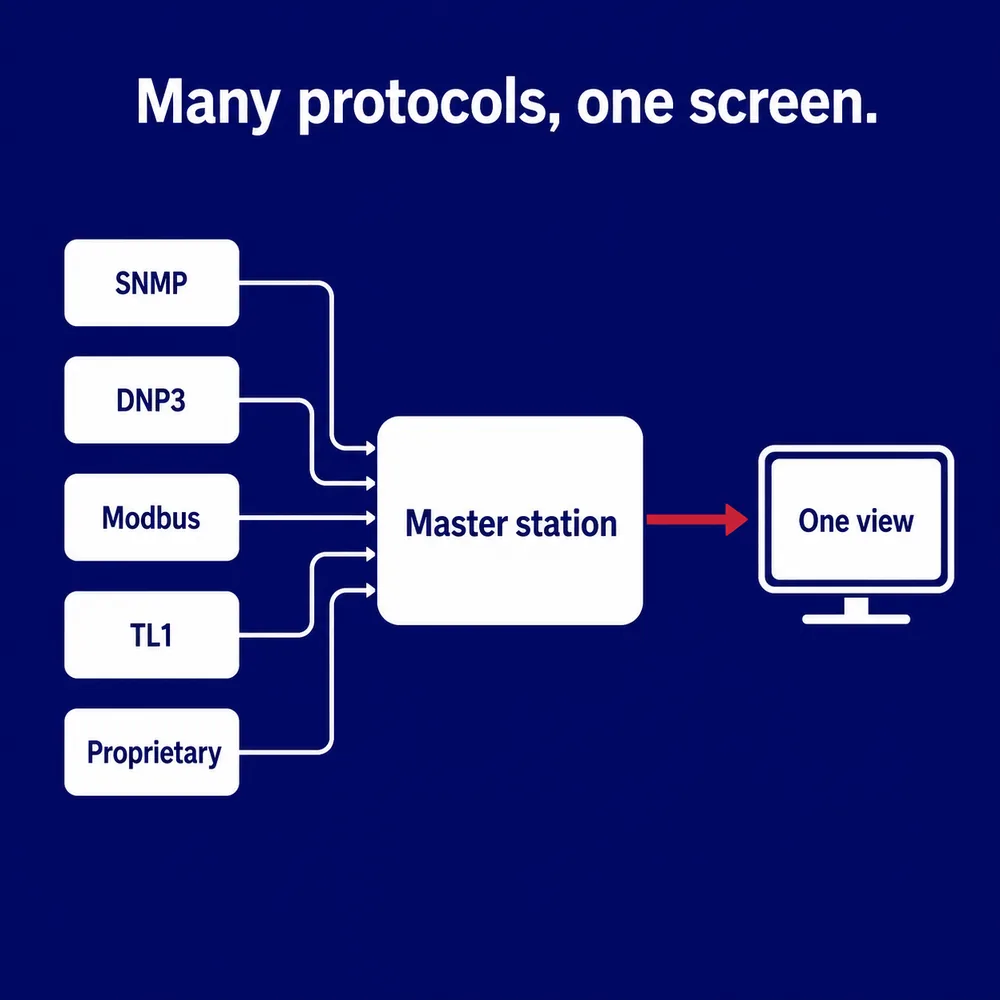 Diagram of SNMP, DNP3, Modbus, TL1 and proprietary protocols feeding a master station that presents one view
