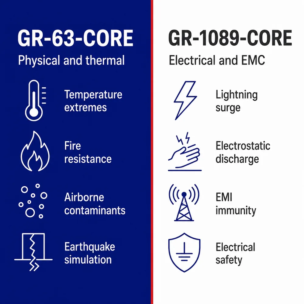 NEBS testing categories comparing GR-63-CORE physical and thermal tests with GR-1089-CORE electrical and EMC tests