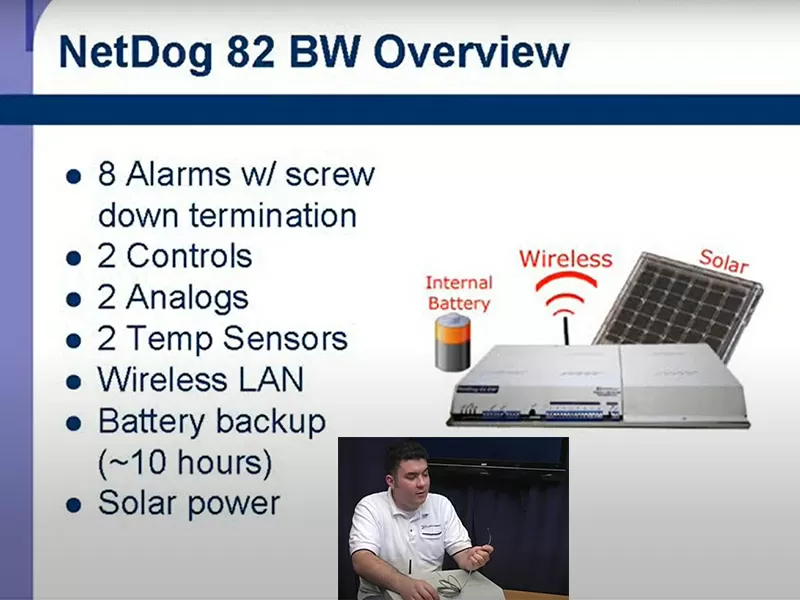 NetDog BW RTU with internal UPS battery and solar panel.