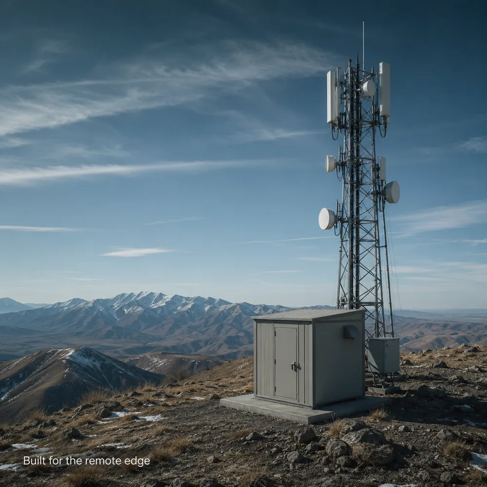 Outdoor equipment enclosure and communications tower on a remote mountaintop site built for harsh environmental conditions