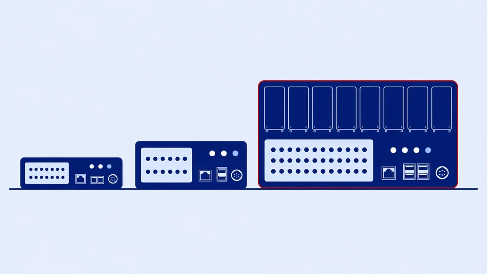 Three NetGuardian RTUs side by side at increasing sizes, showing how point capacity scales with site size