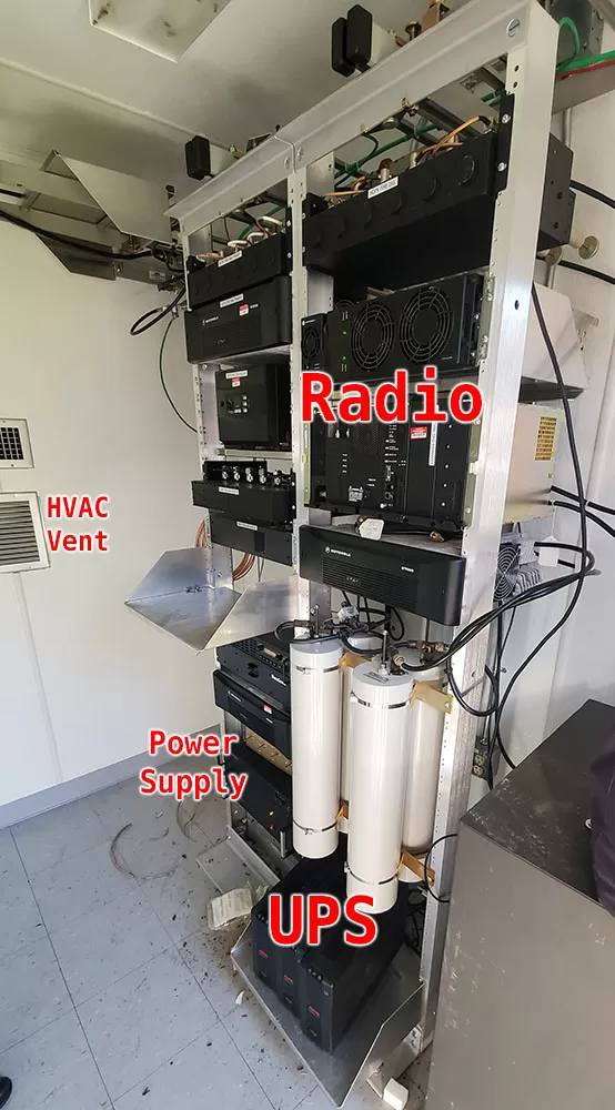 Equipment racks in a radio tower shelter