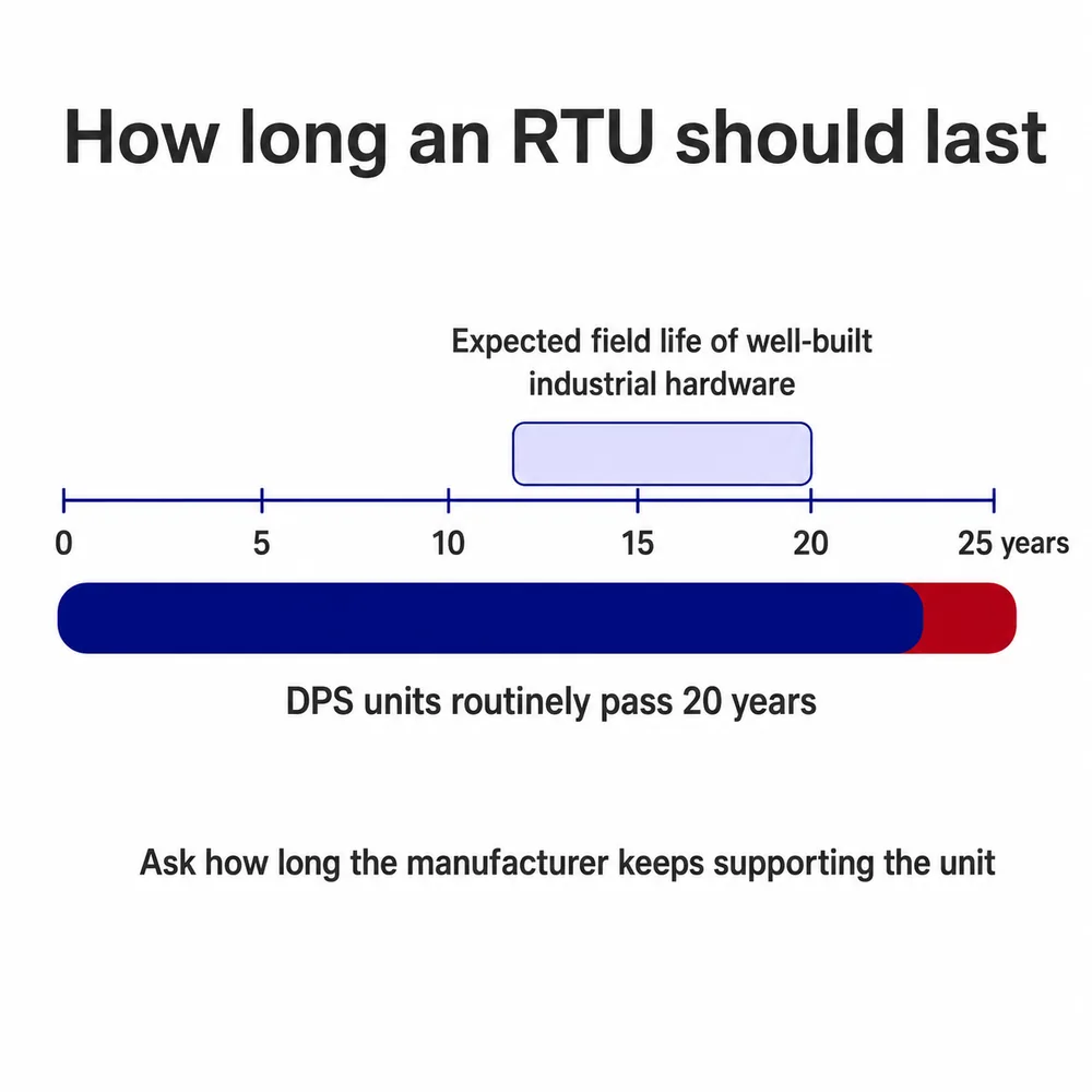 Timeline chart showing RTU field life expectations from 0 to 25 years with DPS units routinely passing 20 years