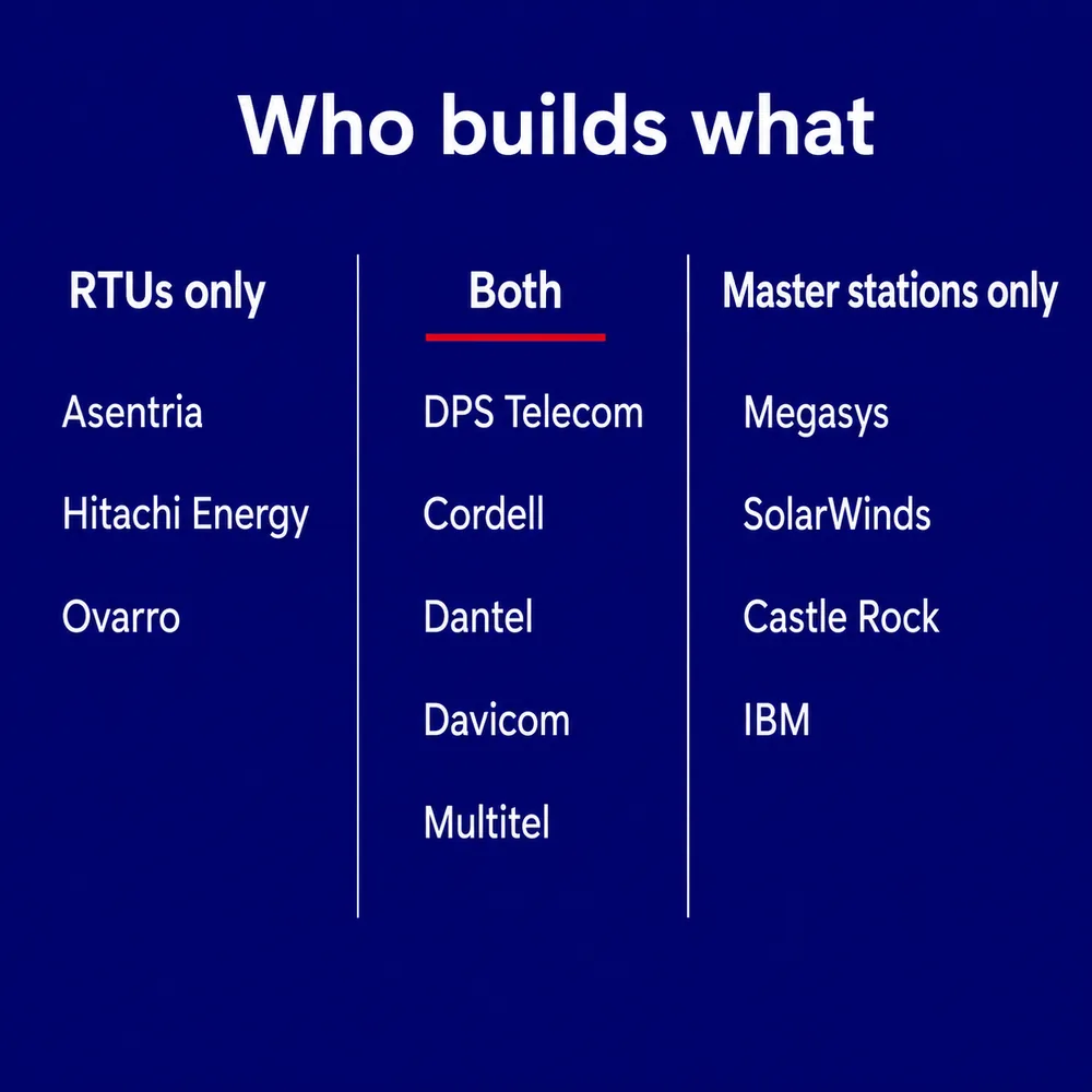 Chart grouping manufacturers by RTUs only, both RTUs and master stations, or master stations only