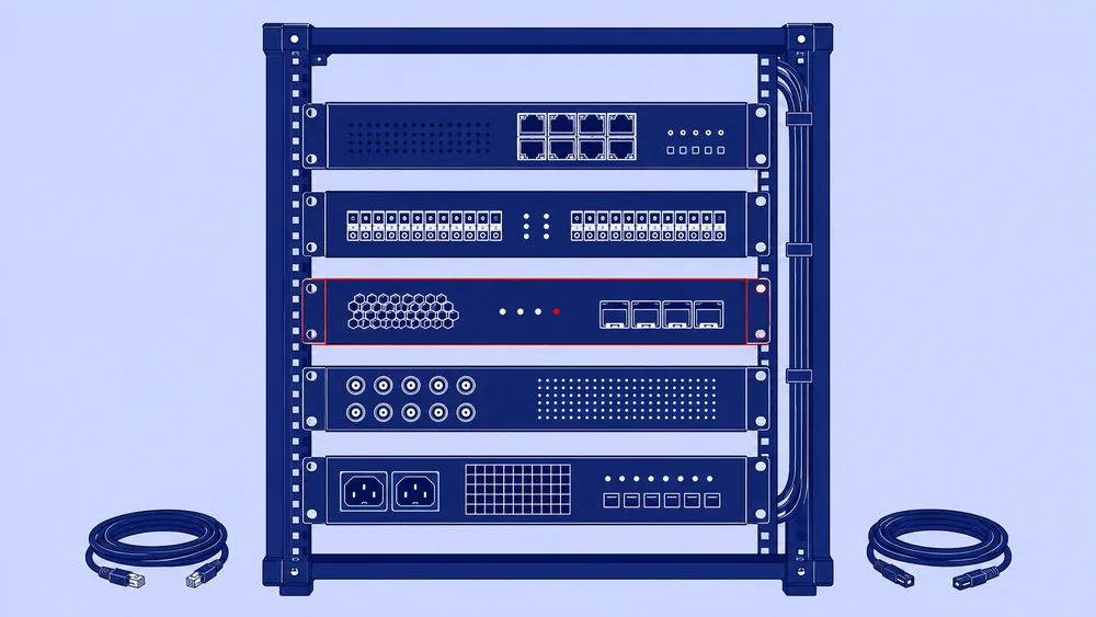 Illustration of a rack of remote monitoring hardware including RTUs, patch panels and cabling
