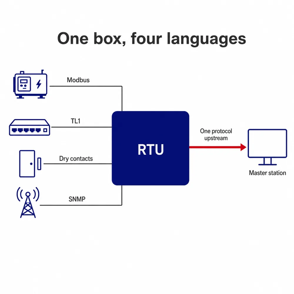 Diagram of an RTU translating Modbus, TL1, dry contacts and SNMP into one protocol upstream to a master station