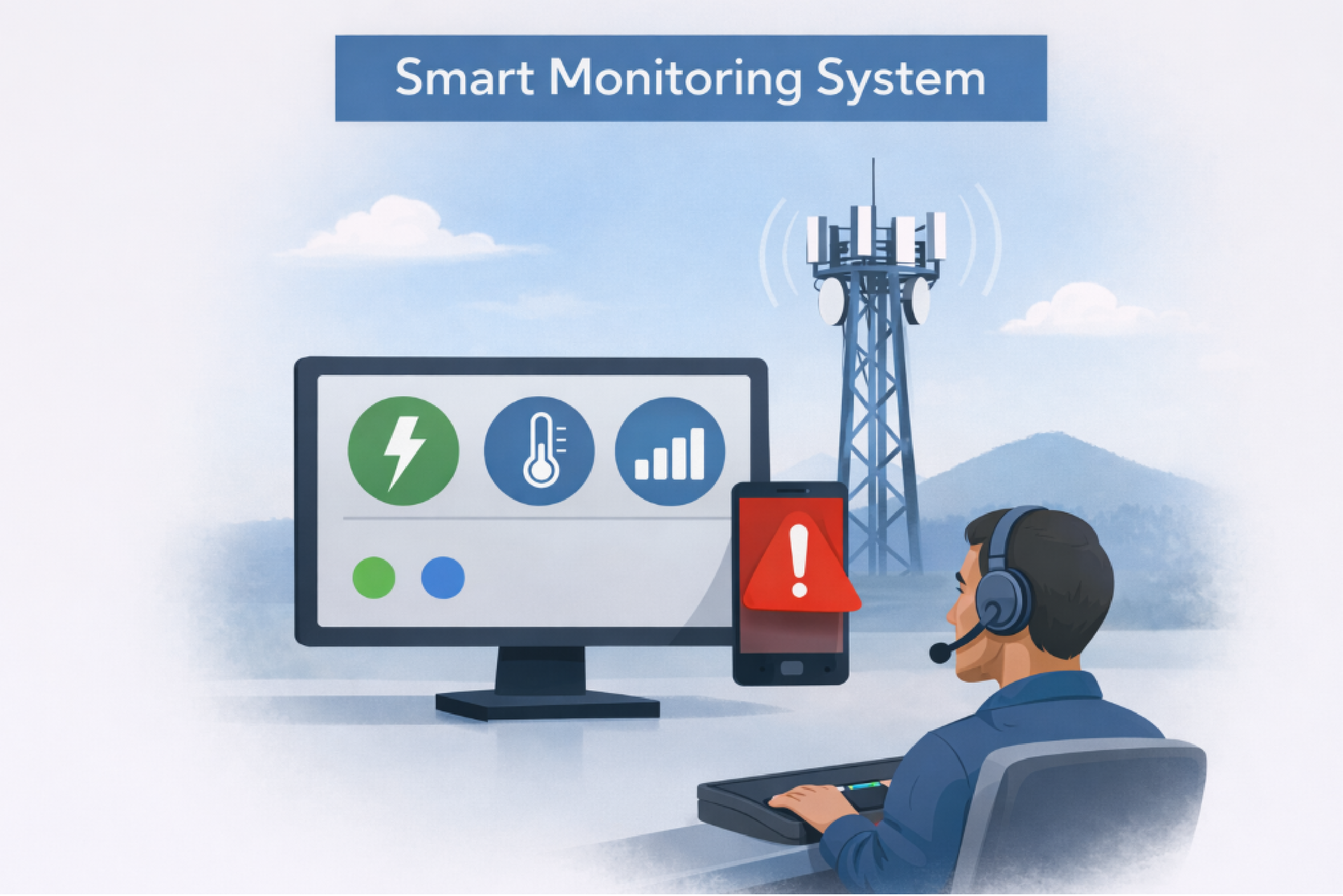Smart monitoring system for a cell tower with NOC operator dashboard showing power, temperature, signal status, and mobile alert warning icon.