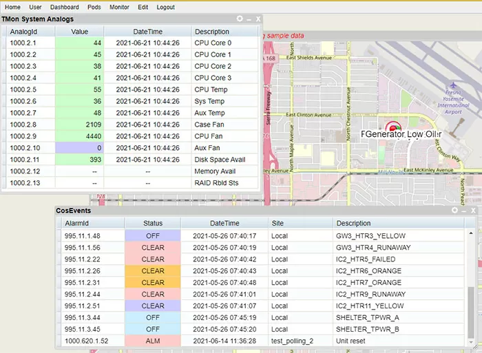T/Mon remote monitoring software displaying alarms as a list with a map in the background