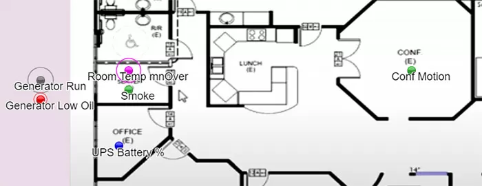 Alarm icons, including Generator, UPS, and Microwave, appear on a geographic map view