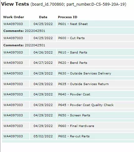Metal parts testing log