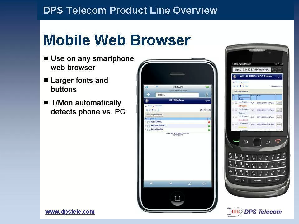 Mobile web browser for Android, iPhone iOS, and other smartphones - allows access to T/Mon alarm data remotely