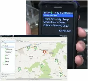 T/Mon GFX map display and a smartphone with an SMS text alert notification.