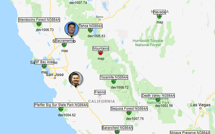 Technician GPS locations on a T/Mon GFX map