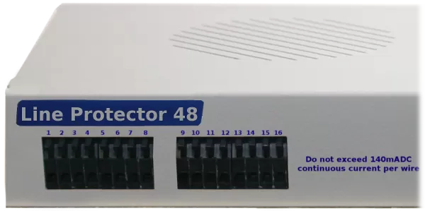 Front panel of the Line Protector 48 SPD device - zoomed to show the 16 left-side connectors