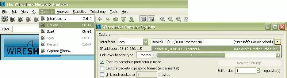 ethereal packet analyzer currently called wireshark and its capture drop down menu and options tab for setting the network interface card as the network capture interface