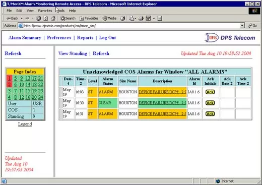 T/Mon Change of State (COS) Alarm Screen Web View