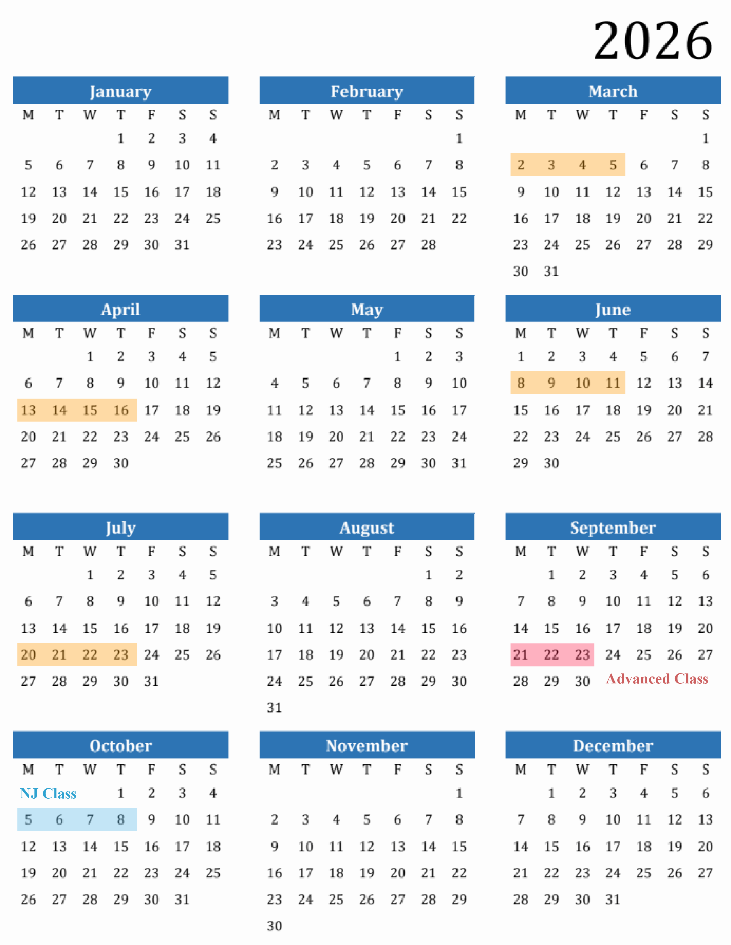 Factory Training Calendar