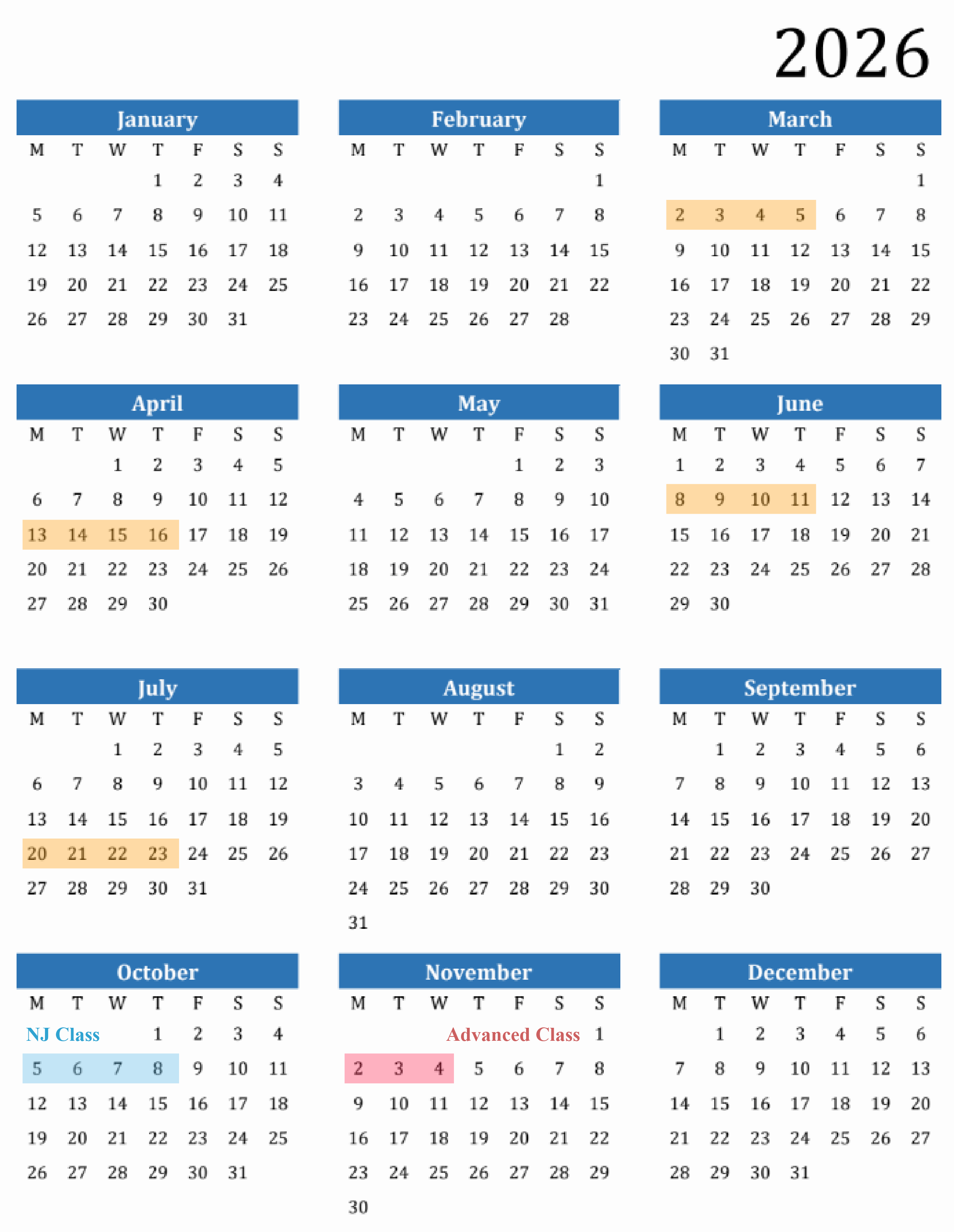 Factory Training Calendar