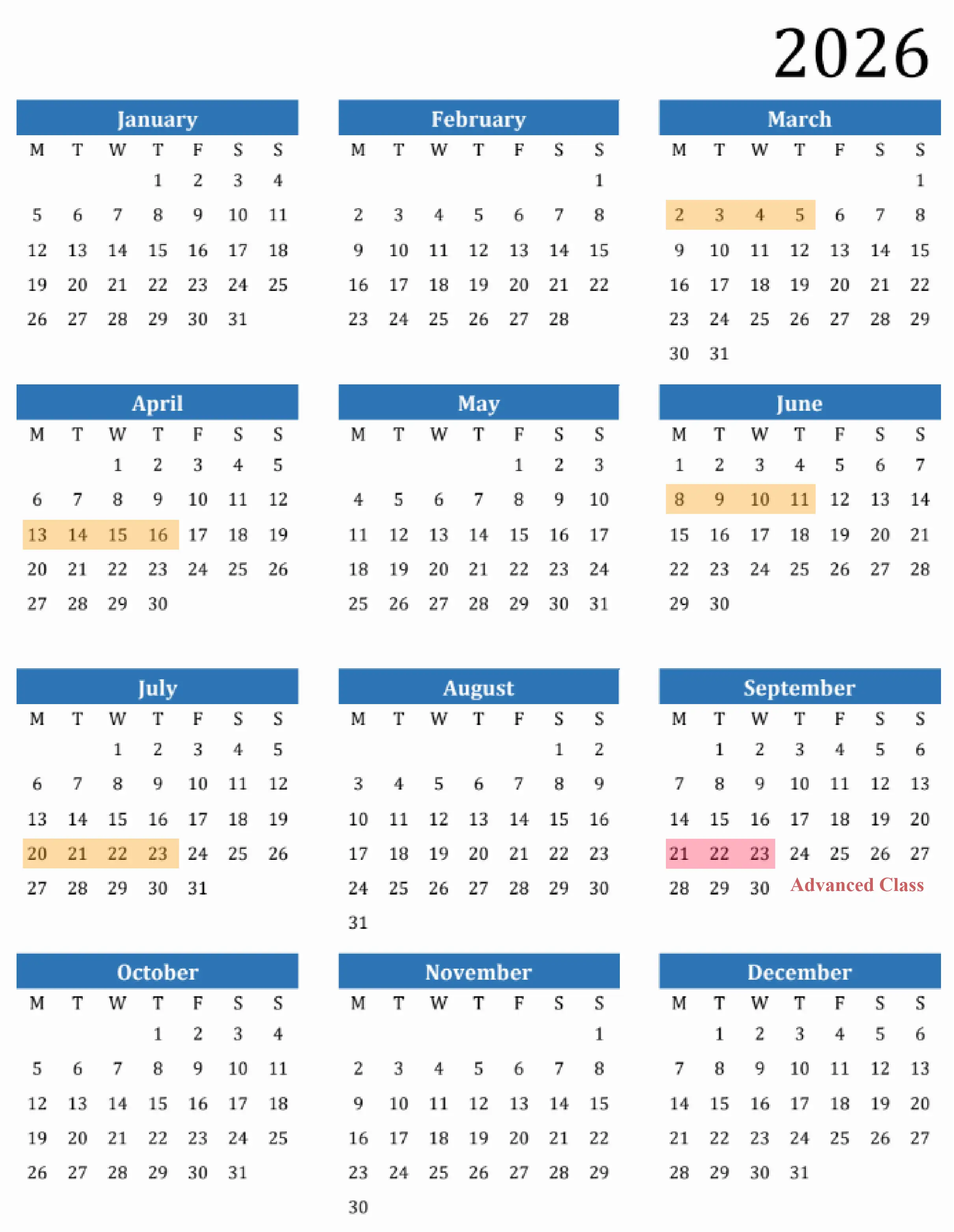 Factory Training Calendar