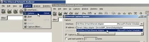ethereal packet analyzer capture drop down menu and options tab for setting the network interface card as the network capture interface