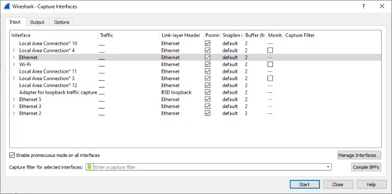 Wireshark capture interface
